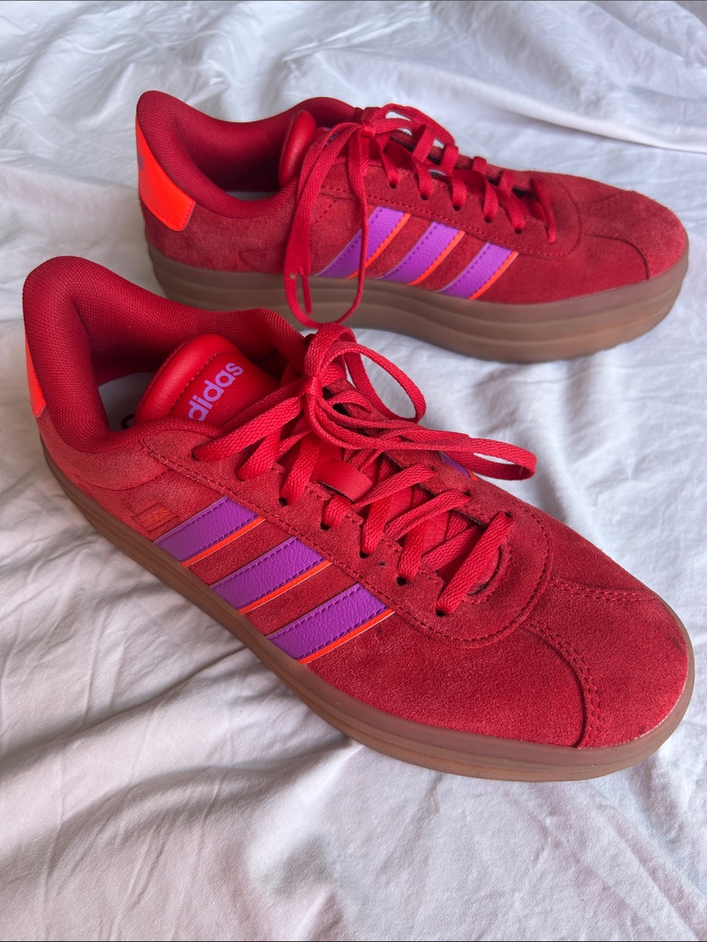 adidas Women’s Red Suede Sneakers with Pink and Orange Stripes